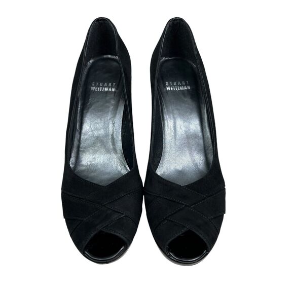 Stuart Weitzman Womens Heel Pump‎ Leather Patent Heel Peep Toe Black Size 6.5M - Picture 4 of 8